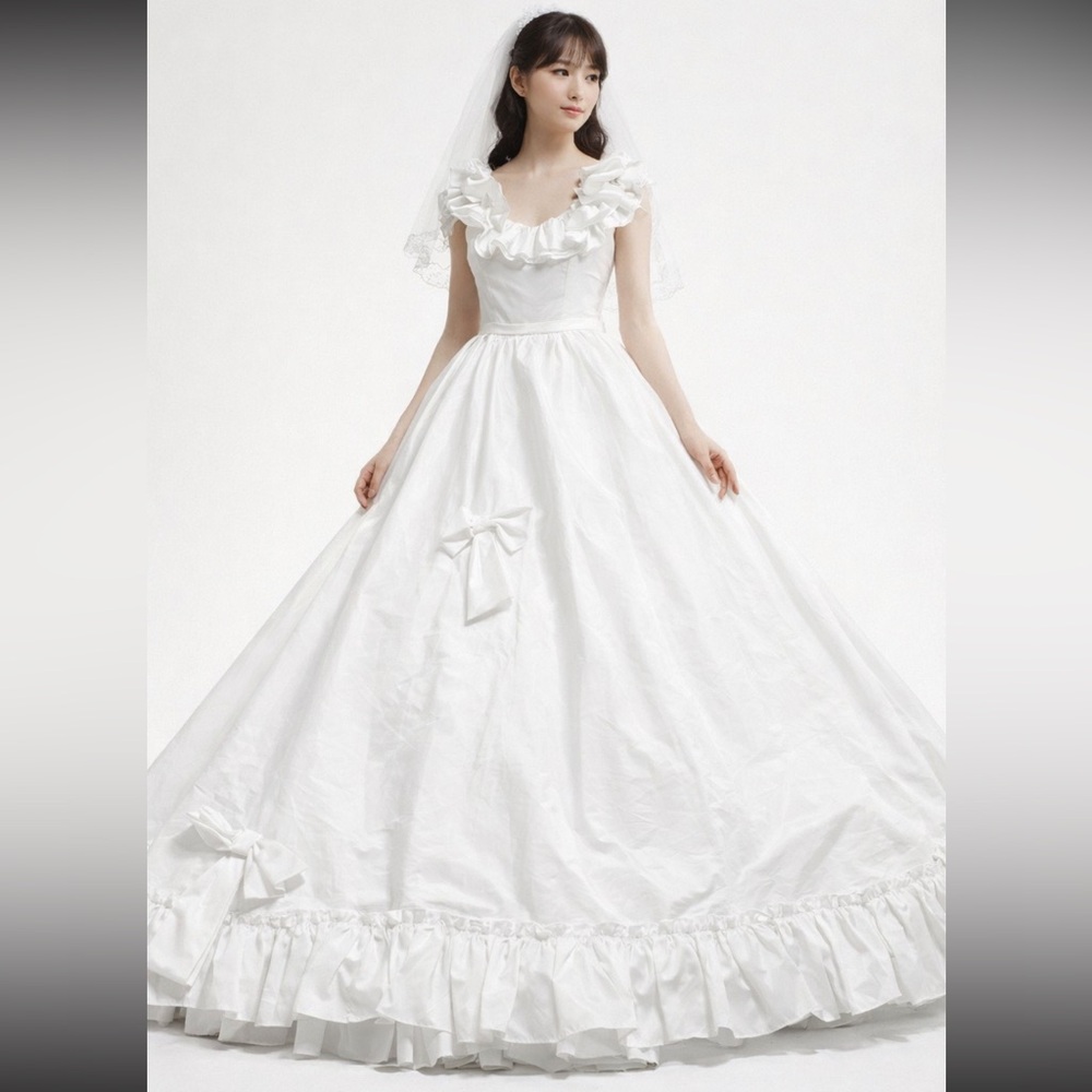 VTG Handmade Maxi Fit Flare Wedding/Prom Dress White Satiny Ruffle Bows Womens